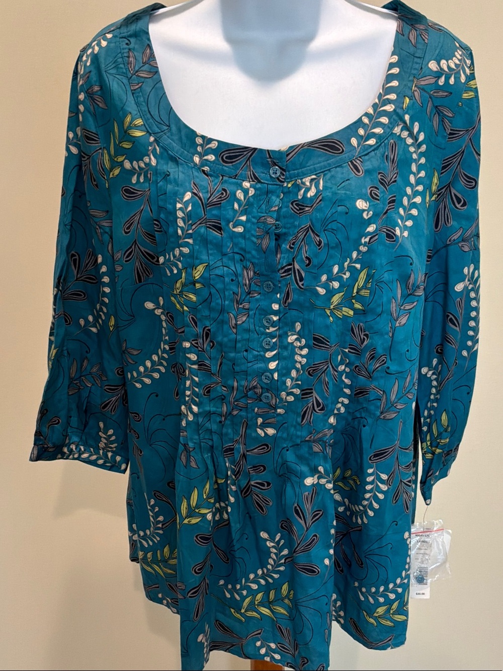 croft & barrow Teal Floral Pintuck Scoop Neck Tunic size Large
